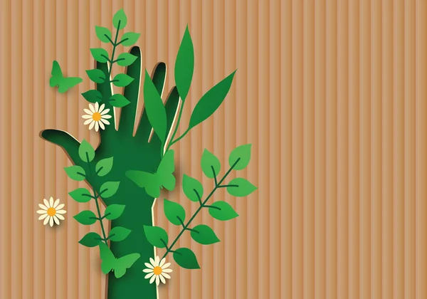 緑の手で花や葉を再生茶色の紙の背景に 天然テンプレート コピースペース ポスターデザイン バナーだ エコサインだ 生態環境保全 — ストックベクタ