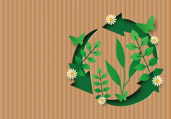 循环绿皮书切割符号自然的概念 绿色箭头 花和叶子在可回收的褐色纸张背景上 自然模板 复制空间 海报设计 班纳生态标志 生态学 — 图库矢量图片