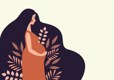 Fotokopi alanı olan güzel hamile kadın afişi, hamilelik, aile, ebeveynlik kavramı. Vektör düz çizim. Pembe arka plan. Annelik, annelik, bebekler ve hamile kadınlar.