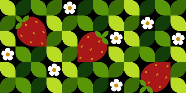 イチゴ 花や葉と夏のシームレスなパターン かわいいイチゴの背景 かわいい幾何学模様 — ストックベクタ
