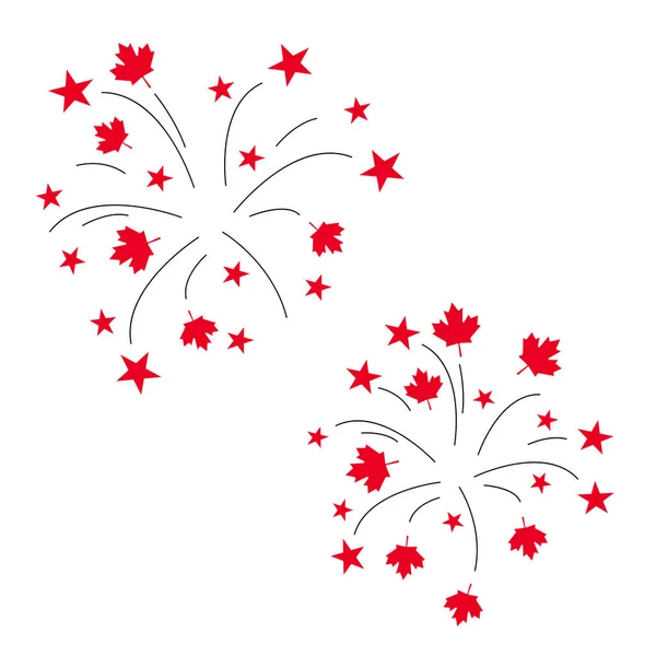 愛国的なカナダの花火 赤いカエデの葉と星 カナダの日 — ストックベクタ