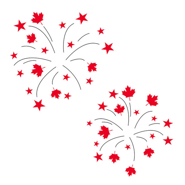 Patriotic Canadian Fireworks. Red maple leaf and star. Canada day