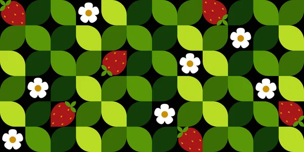 夏天的无缝图案与黑莓 花和叶子 漂亮的草莓背景 漂亮的几何设计 — 图库矢量图片