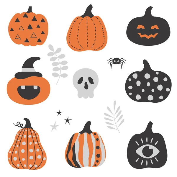Set Zucche Carine Halloween Sfondo Autunnale Illustrazione Vettoriale Con Foglie — Vettoriale Stock