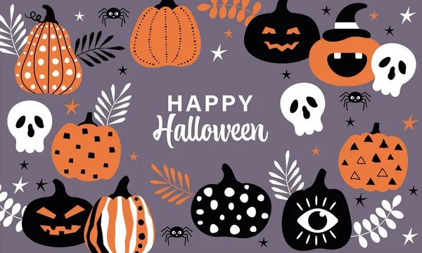 Ensemble Jolies Citrouilles Halloween Fond Automne Illustration Vectorielle Avec Feuilles — Image vectorielle