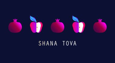 Rosh Hashanah 'ın (nar ve elma) tebrik kartı sembolleri. Yahudi yeni yıl kutlaması tasarımı. Mutlu Shana Tova 'lar. İsrail 'de Mutlu Yıllar