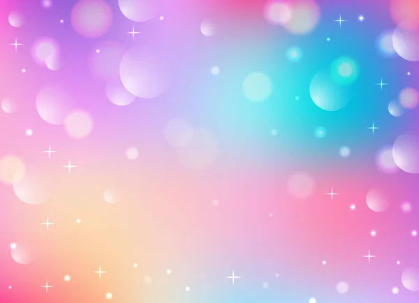 レインボーユニコーンの背景 星とパステルピンクの色の空 ボケでホログラフィックファンタジープリント プリンセスガールデザインのためのベクトル壁紙 — ストックベクタ