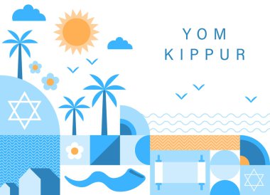 Yahudi bayramı, Yom Kippur geçmişi, afiş, düz geometrik stil. Kefaret ve Shofar borusu günü. Yom Kippur konsept tasarımı