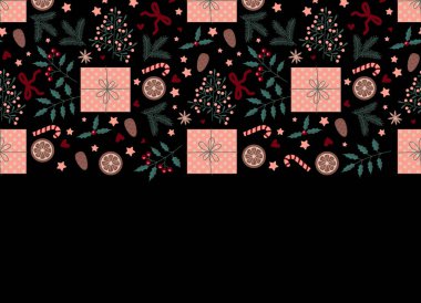 Noel ve yeni yıl için çerçeve. Hediye kutusu, dekorasyon, yıldız, kalp, şeker ve bitkiler. Tasarımınız için tatil için karanlık arka plan. Yeşil yapraklı Holly meyveleri