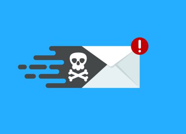 Virüs, kötü amaçlı yazılım, e-posta dolandırıcılığı, e-posta. İçinde belge, kafatası, kemik ve kırmızı tabela olan bir e-posta zarfı. Virüs, korsanlık, hackleme ve güvenlik kavramı. Virüs, zararlı yazılım, e-posta dolandırıcılığı, e-posta