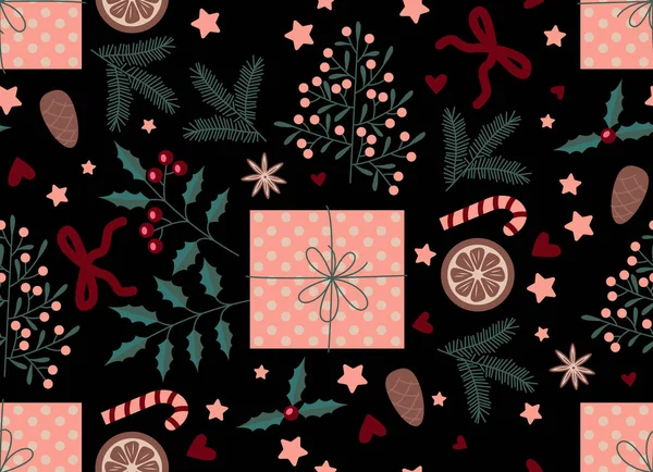 圣诞节和新年的无缝图案 礼品盒 装饰品 糖果和植物 假日无缝背景 绿叶荷果 — 图库矢量图片