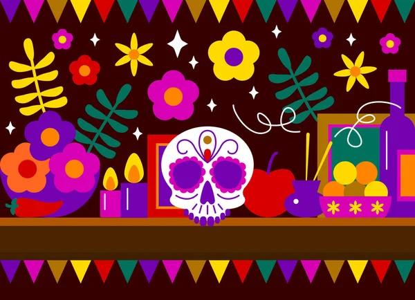 糖骷髅骷髅头饰矢量图解 死之日 万圣节 Dia Los Muertos庆典背景 — 图库矢量图片