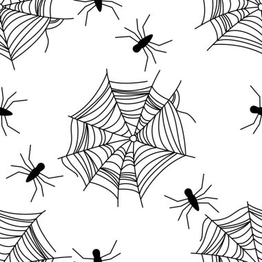 Ağ örümcekleri kusursuz desenli. Cadılar Bayramı için tüyler ürpertici örümceklerin ve ağların kusursuz deseni. Ürkütücü bir geçmiş. Örümcekler ve örümcek ağları