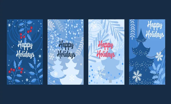 冬休みについて 冬の背景について クリスマスツリーの形状 スノーフレーク レッドベリー メリークリスマスグリーティングカード トレンド抽象的な正方形の冬の休日のアートテンプレート — ストックベクタ