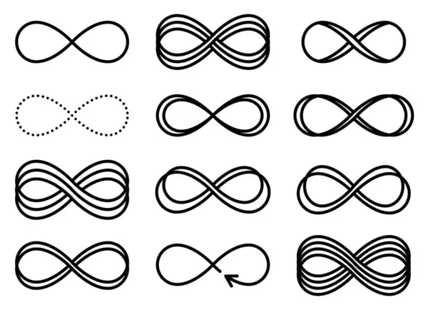 ベクトル無限大のアイコン 空間における無限のシンボル セット 形状の異なる行のコレクション 白い背景に黒い幾何学的要素 薄型イラスト — ストックベクタ