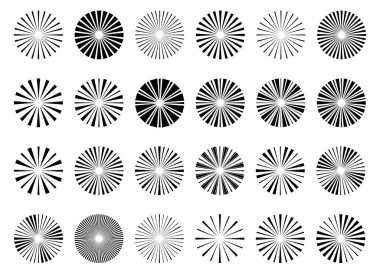 Güneş patlaması elementinin radyal çizgili arka plan seti. Güneş patlaması ikonu koleksiyonu. Retro güneş patlaması tasarımı
