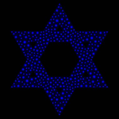 Davut Yıldızı. David 'in ya da Magen David' in kalkanı. Altıgen, iki eşkenar üçgenin bileşimi. Yahudi sembolü. Mavi