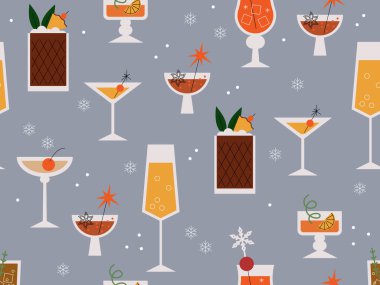 Kokteyllerle kusursuz desen. Tatil partisi tasarımı. Kış tatili içkileri. Noel temalı kokteyller