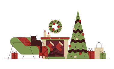 Mutlu noeller. Fiyonklu ve kurdeleli hediyeler, kedi, Noel ağacı ve çoraplı şömine, mumlar. Renkli hediye kutuları yığını. Paketlenmiş hediye kutuları