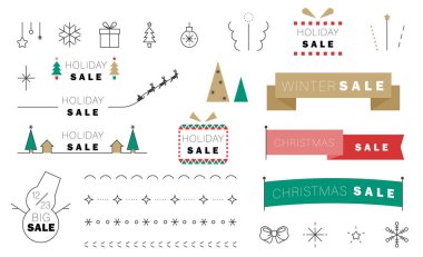 Kış malzemesi dekorasyon ikonu. Tatil indirimi. Noel şirin kar tanesi kurdelesi, hediye paketi konuşma balonu, hediye paketi. Büyük satış tasarımı