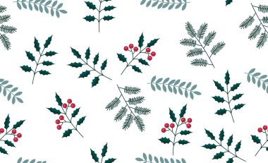 Noel vektör bitkileri, kutsal çilek, Noel ağacı, dallar, tatil süslemeleri, kış sembolleri. Noel Çiçek Elementleri. Yeşil yapraklı Holly meyveleri