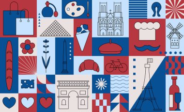 Fransa romantizm setine hoş geldiniz. Popüler Fransız simgeleri, yiyecekler ve gösteriler. Paris vektör illüstrasyonu. Ünlü Fransız şehri turist sembolleri koleksiyonu