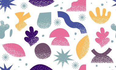 Gürültülü grafiksel etkiye sahip soyut grafik şekiller koleksiyonu olan kusursuz desen. Renkli şekiller ve nesneler. Modern sanatta minimalizmin elementleri. Biçimdeki minimalist unsurlar