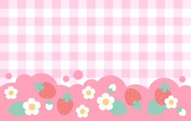 Çilekli arka plan. Çilek aşkı. Arka planda böğürtlen, çiçek ve yaprak var. Hoş bir tasarım.