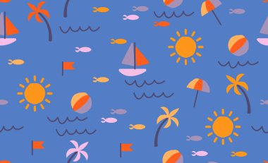 Güneş, plaj topu, plaj şemsiyesi, balık, deniz yatı, palmiye ağacı. Tasarımınız için yaz arkaplanı