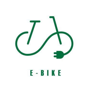 E-bisiklet yeşil vektör çizimi. Elektrikli bisiklet, fişi takılı e-bisiklet entegre elektrik motoru ile enerji kullanmak