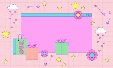 Sevgililer Günü indirimi geçmişi. Aşk ve kalp. 90 'ların eski bilgisayarının arayüzü, 2000' lerin retro tarzı sevgililer günü indirimi için. Y2k biçiminde eski bir PC ekranı