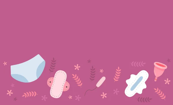 Pad Menstruasjonsbeger Tampong Blomster Periodedager Feminine Hygieneprodukter Menstruasjonssyklus Menstruasjonsprodukter Periodedager – stockvektor