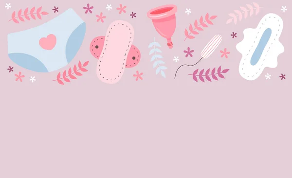 Pad Menstruasjonsbeger Tampong Blomster Periodedager Feminine Hygieneprodukter Menstruasjonssyklus Menstruasjonsprodukter Periodedager – stockvektor