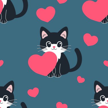 Şirin siyah kedileri ve kalpleri olan kusursuz bir desen. Vektör İllüstrasyonu