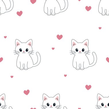 Sevimli beyaz kedileri ve kalpleri olan kusursuz bir desen. Vektör İllüstrasyonu. Komik kediler. Çizgi film stili