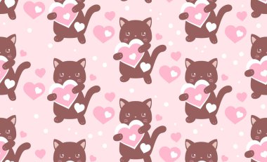 Sevimli kedileri ve kalpleri olan kusursuz bir desen. Vektör İllüstrasyonu. Komik kediler. Çizgi film stili