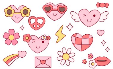 Sevgililer Günü tasarımı. Bayram modası modası geçmiş Sevgililer Günü ikonları. Aşk sembolleri, çiçekler.