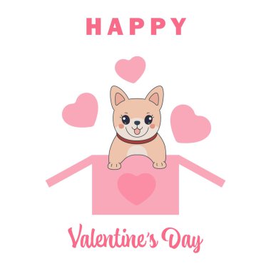 Kutuda komik portakal rengi corgi ve kalp vektör illüstrasyonu. Havalı köpek eti çorbası. Çizgi film köpeği.