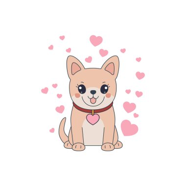 Komik portakal rengi corgi ve kalp vektör çizimi. Havalı köpek eti çorbası. Çizgi film köpeği.