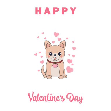 Sevgililer Günün kutlu olsun. Komik portakal rengi corgi ve kalp vektör çizimi. Havalı köpek eti çorbası. Çizgi film köpeği.