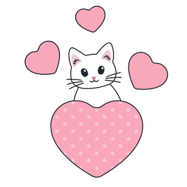 Komik kedi ve kalpler. Sevimli beyaz kedi. Çizgi film stili