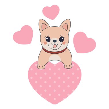 Komik portakal rengi corgi ve kalp vektör çizimi. Havalı köpek eti çorbası. Çizgi film köpeği.