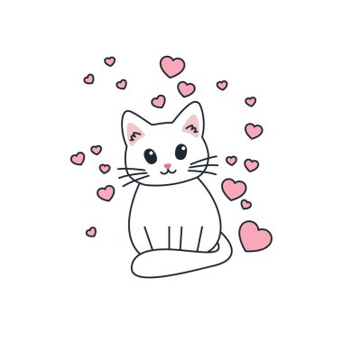 Komik kedi ve kalpler. Sevimli beyaz kedi. Çizgi film stili