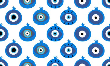 Nar Türk gözü pürüzsüz desen. Kem gözlü kepçe desensiz vektör çizimi. Nar meyvesinin vektör çizimi. Geleneksel koruma tılsımı arka planı, eriyen mavi gözler