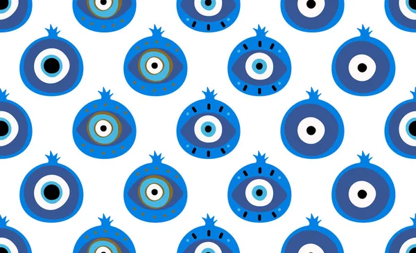 Nar Türk gözü pürüzsüz desen. Kem gözlü kepçe desensiz vektör çizimi. Nar meyvesinin vektör çizimi. Geleneksel koruma tılsımı arka planı, eriyen mavi gözler
