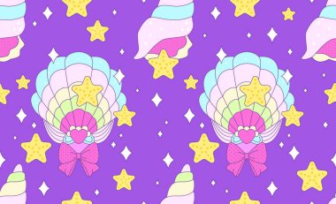 Kusursuz desen. Soyut deniz arka plan vektör çizimi. Soyut şirin arkaplan. Dekorasyon pankartı, Lol 'un sürpriz bebek stili. Şirin kabuklu davetiye kartı şablonu, deniz yıldızları