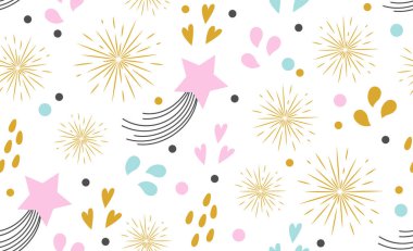 Şirin elementlerle kusursuz tasarım. Yıldızlar, kalpler, ışıklar, tatil parti sembolleri. Dekorasyon pankartı, Lol 'un sürpriz bebek stili. Davet kartı şablonu