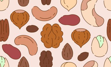 Farklı fındıklı kusursuz desen. Beyaz arkaplanda vektör illüstrasyonu. Brezilya fındığı, fıstık, fıstık, ceviz, ceviz, ceviz, ceviz, badem, fındık, fındık