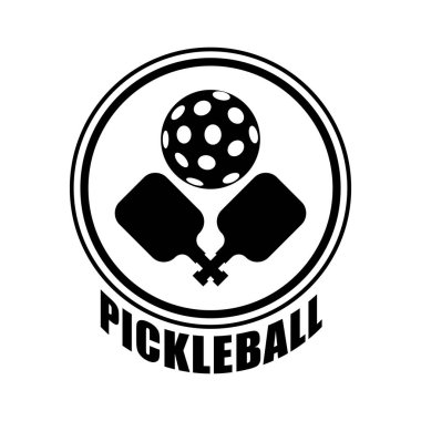 Pickleball vektör çizimi. Pickleball etiketi, rozet, tasarım elemanı. Spor tasarımı vektör illüstrasyonu. Spor baskısı. Retro vintage illüstrasyon. Raket ya da raket ve top