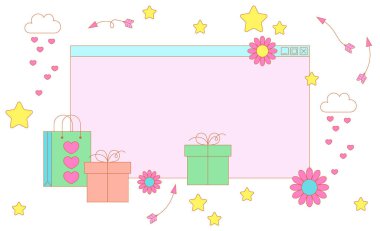 Şirin pembe satış geçmişi. Aşk ve kalp. 90 'ların eski bilgisayarının arayüzü, 2000' lerin eski tarz büyük bir satış için. Y2k biçiminde eski bir PC ekranı